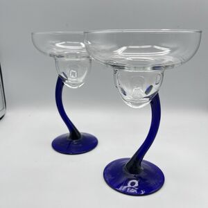 4 Libbey Bravura Swerve Cobalt Blue Curved Stem Martini Glasses